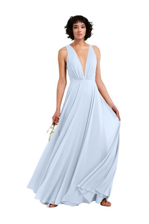 Affordable Daring Plunging V-Neck Long Chiffon Bridesmaid Dress with Pleated Bodice UK