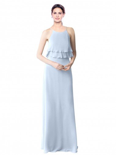 Affordable High Narrow Neck Long Chiffon Bridesmaid Dress with Tiered Ruffles UK