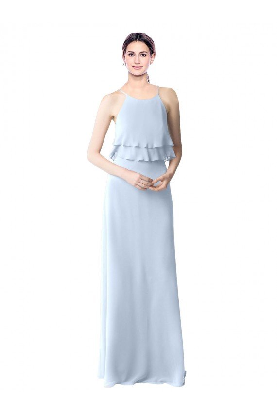 Affordable High Narrow Neck Long Chiffon Bridesmaid Dress with Tiered Ruffles UK