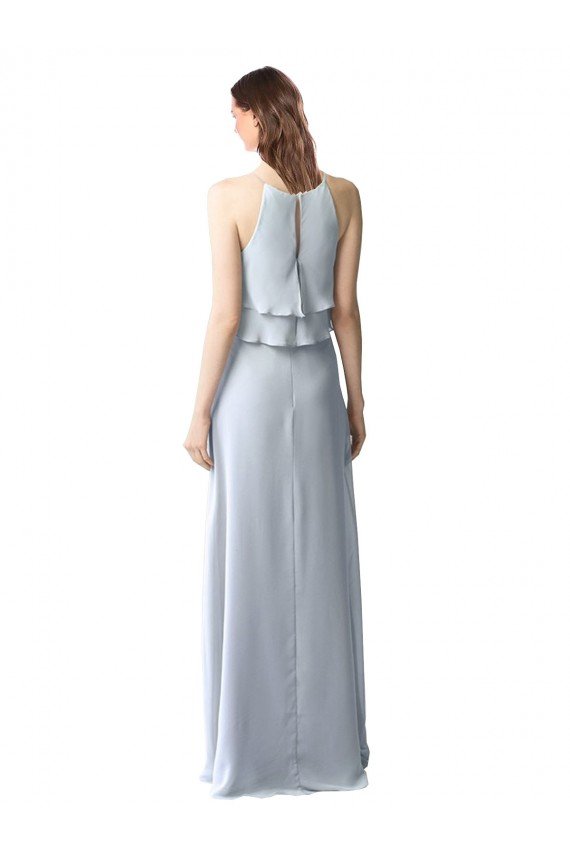 Affordable High Narrow Neck Long Chiffon Bridesmaid Dress with Tiered Ruffles UK