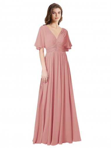 Affordable Flutter Sleeves Plunging V-Neck Boho Chiffon Bridesmaid Dress UK