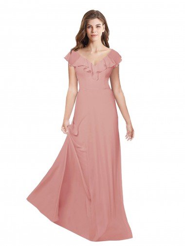 Affordable Flounced V Neckline Flutter Sleeves Chiffon Bridesmaid Dress UK