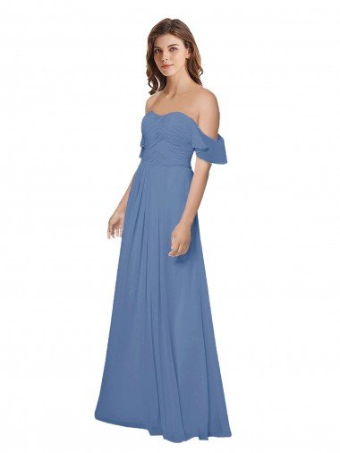 Affordable Flutter Sleeves Scoop Neck Off the Shoulder Long Chiffon Bridesmaid Dress UK