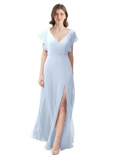 Affordable Flutter Sleeves Long Chiffon Bridesmaid Dress with Daring Open Back and Side Slit UK