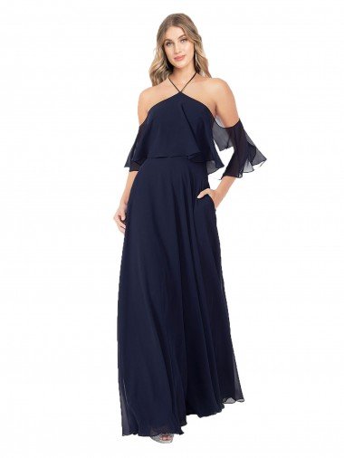 Affordable Halter Neck Cold Shoulder Flutter Sleeves Bridesmaid Dress UK