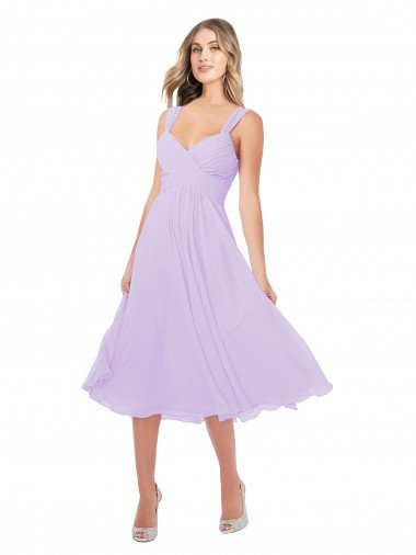 Affordable Draped Midi Length Chiffon Cocktail Bridesmaid Dress with Ruched Bodice UK