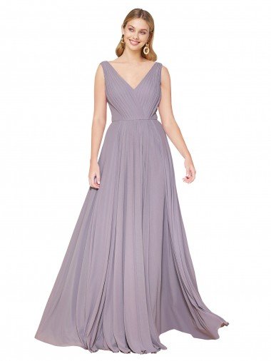 Affordable Draped Floor Length High Neck V-Back Chiffon Bridesmaid Dress / Formal Prom Dress with Shirred Bodice UK