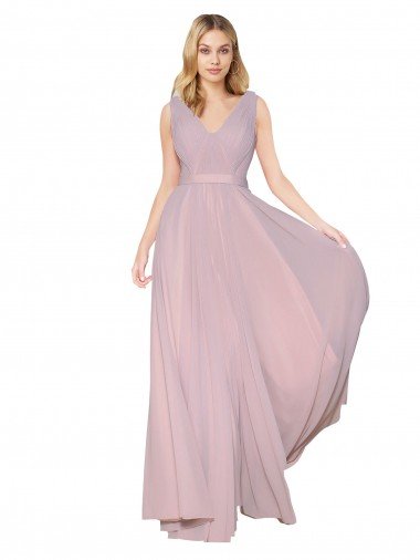 Affordable Draped V-Neck Long Chiffon Bridesmaid Dress / Formal Prom Dress with Shirred Bodice UK