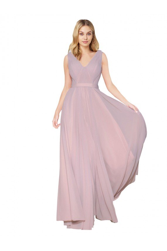 Affordable Draped V-Neck Long Chiffon Bridesmaid Dress / Formal Prom Dress with Shirred Bodice UK