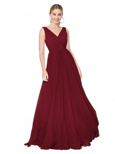 Affordable Draped A-Line V-Neck Floor Length Chiffon Bridesmaid Dress / Formal Prom Dress UK