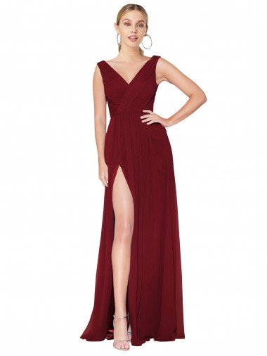 Affordable Draped Mermaid Long V-Neck Chiffon Bridesmaid Dress / Formal Prom Dress with High Slit UK