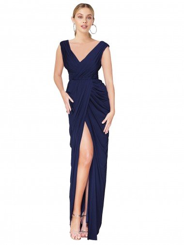 Affordable Draped V-Neck Long Chiffon Bridesmaid Dress / Formal Prom Dress with Front Slit UK