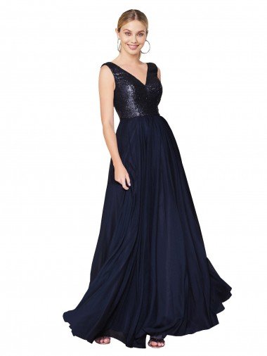 Affordable High Neck V-Neck Long Chiffon Bridesmaid Dress / Prom Dress with Sequin Top UK