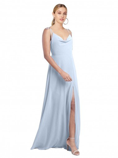 Affordable Draped Cowl Neck Tied Straps Long Chiffon Bridesmaid Dress with Slit UK