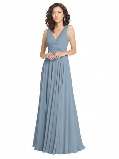 Affordable Faux Surplice Bodice Long Chiffon Bridesmaid Dress with V-Neckline UK