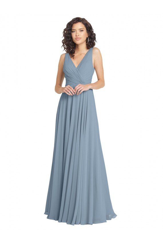 Affordable Faux Surplice Bodice Long Chiffon Bridesmaid Dress with V-Neckline UK