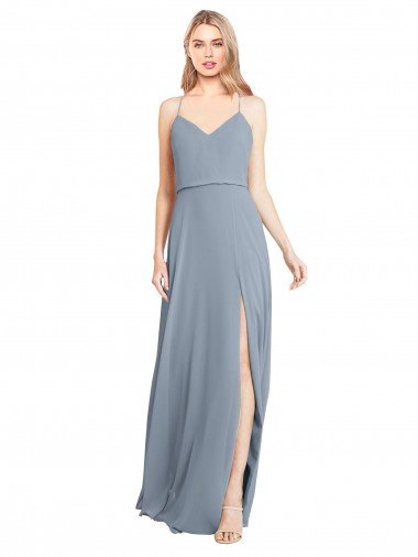 Affordable Spaghetti Straps V-Neckline Long Chiffon Bridesmaid Dress with High Slit UK