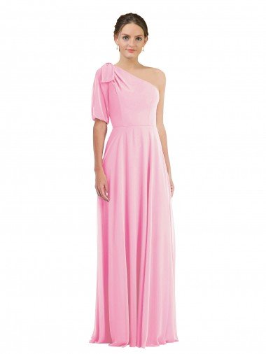 Affordable Bow One Shoulder Flounce Sleeve Maxi Bridesmaid Dress UK