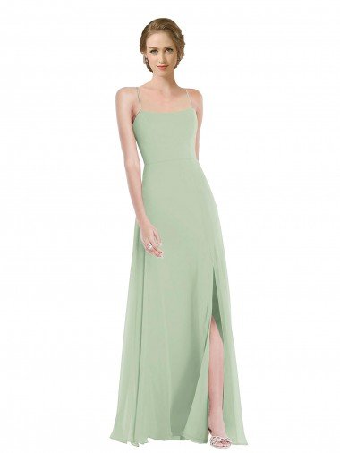 Affordable Scoop Neck Tie Strap Maxi Bridesmaid Dress with Front Slit UK