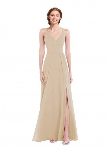 Affordable Faux Wrap Criss Cross Back Maxi Bridesmaid Dress with Front Slit UK