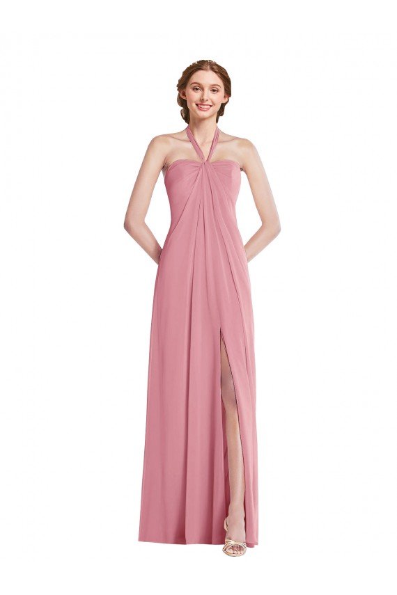 Affordable Draped Chiffon Grecian Column Bridesmaid Dress with Front Slit UK