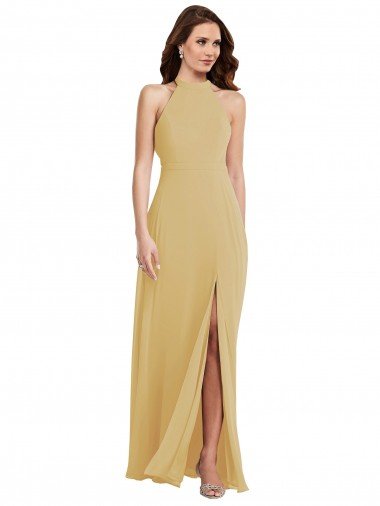 Affordable Stand Collar Halter Maxi Bridesmaid Dress with Criss Cross Open Back UK