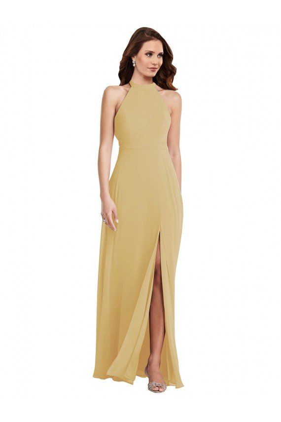 Affordable Stand Collar Halter Maxi Bridesmaid Dress with Criss Cross Open Back UK