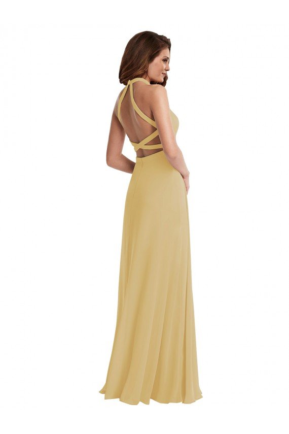 Affordable Stand Collar Halter Maxi Bridesmaid Dress with Criss Cross Open Back UK