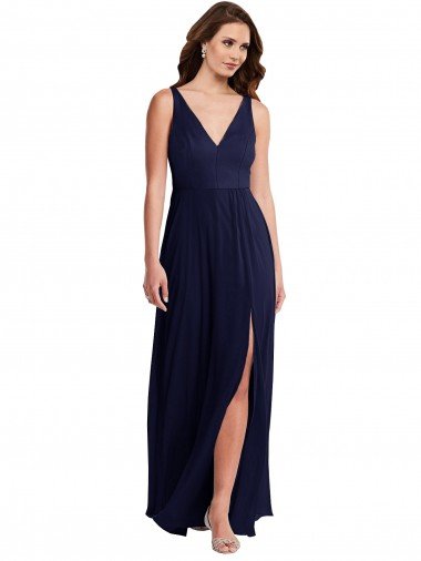 Affordable Deep V-Neck Chiffon Maxi Bridesmaid Dress with Front Slit UK