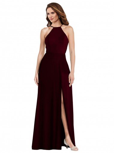 Affordable Halter Spaghetti Straps Maxi Bridesmaid Dress with Front Slit UK