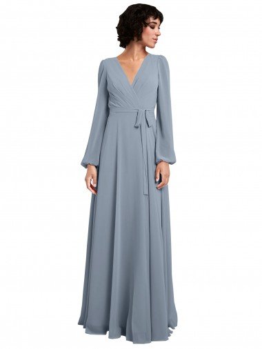 Affordable Wrap Style Long Sleeves Chiffon Bridesmaid Dress with Pleated Bodice UK