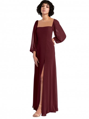 Affordable Sheer Long Sleeves Chiffon Bridesmaid Dress with High Slit UK