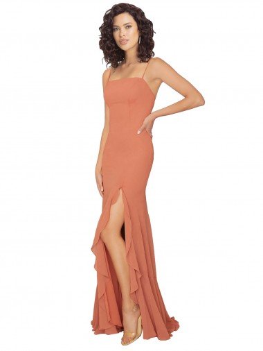 Affordable Chiffon Square Neck Bridesmaid Dress with Ruffled Skirt Slit UK