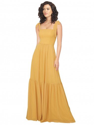 Affordable Tied Strap Square Neck Long Chiffon Bridesmaid Dress UK