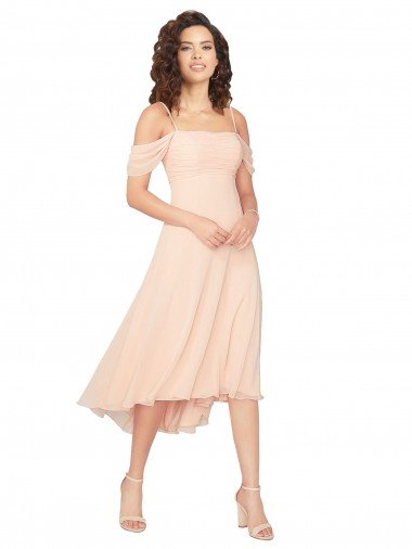 Affordable Cold Shoulder Midi Length Short Chiffon Bridesmaid Dress UK