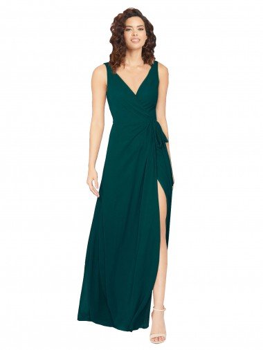 Affordable V-Neck Chiffon Bridesmaid Dress with Front Skirt Slit UK