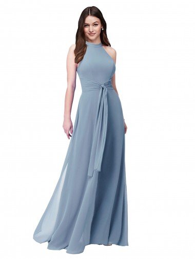 Affordable Halter High Neck Chiffon Dress with Sash UK