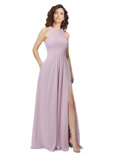 Affordable High-Halter Chiffon Bridesmaid Dress with Keyhole Cowl Back UK