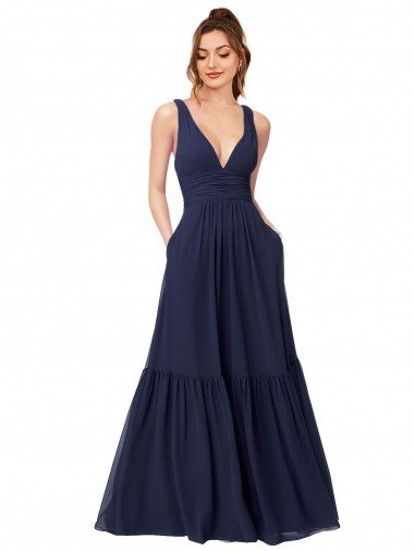 Affordable Floor Length Deep V-Neck Ruched Chiffon Long Bridesmaid Dress UK