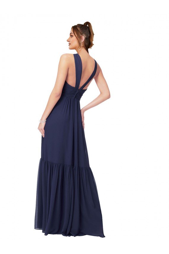 Affordable Floor Length Deep V-Neck Ruched Chiffon Long Bridesmaid Dress UK