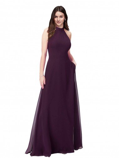 Affordable Chiffon High-Halter Bridesmaids Dress with Keyhole Back UK