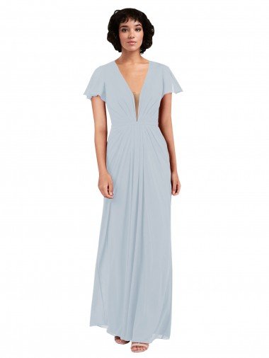 Affordable Deep V-Neckline Chiffon Bridesmaid Dress with Flutter Sleeves UK