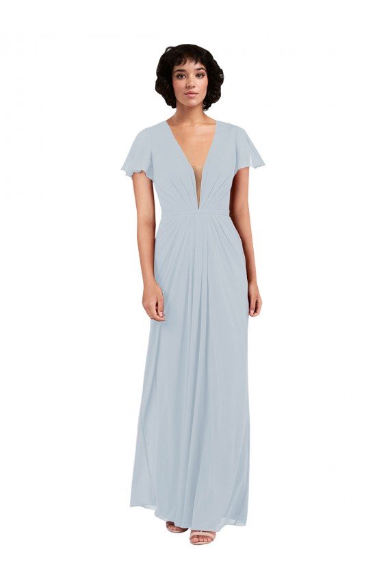 Affordable Deep V-Neckline Chiffon Bridesmaid Dress with Flutter Sleeves UK