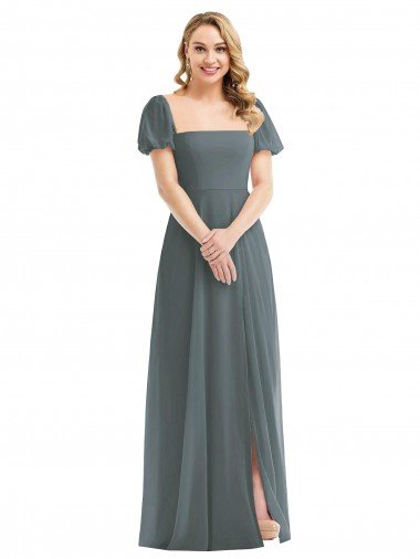 Affordable Puff Sleeves Chiffon Maxi Bridesmaid Dress with Front Slit UK