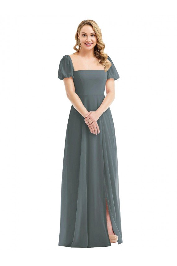 Affordable Puff Sleeves Chiffon Maxi Bridesmaid Dress with Front Slit UK