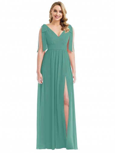 Affordable Plunge Neckline Bow Shoulder Chiffon Maxi Bridesmaid Dress UK