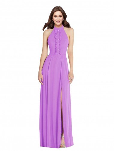 Affordable Halter Backless Maxi Formal Bridesmaid Dress with Button Ruffle Placket UK