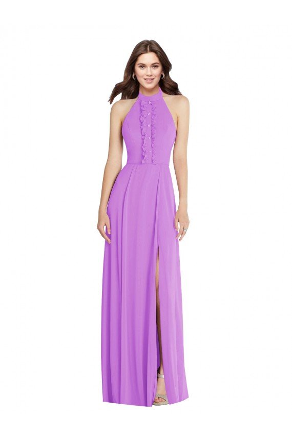 Affordable Halter Backless Maxi Formal Bridesmaid Dress with Button Ruffle Placket UK