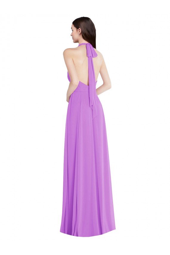 Affordable Halter Backless Maxi Formal Bridesmaid Dress with Button Ruffle Placket UK