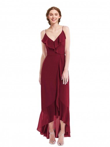 Affordable Ruffle Trimmed V-Neck High Low Wrap Chiffon Bridesmaid Dress UK